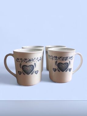 Corningware White Ceramic Mugs with Blue Heart Motif - Set of 4